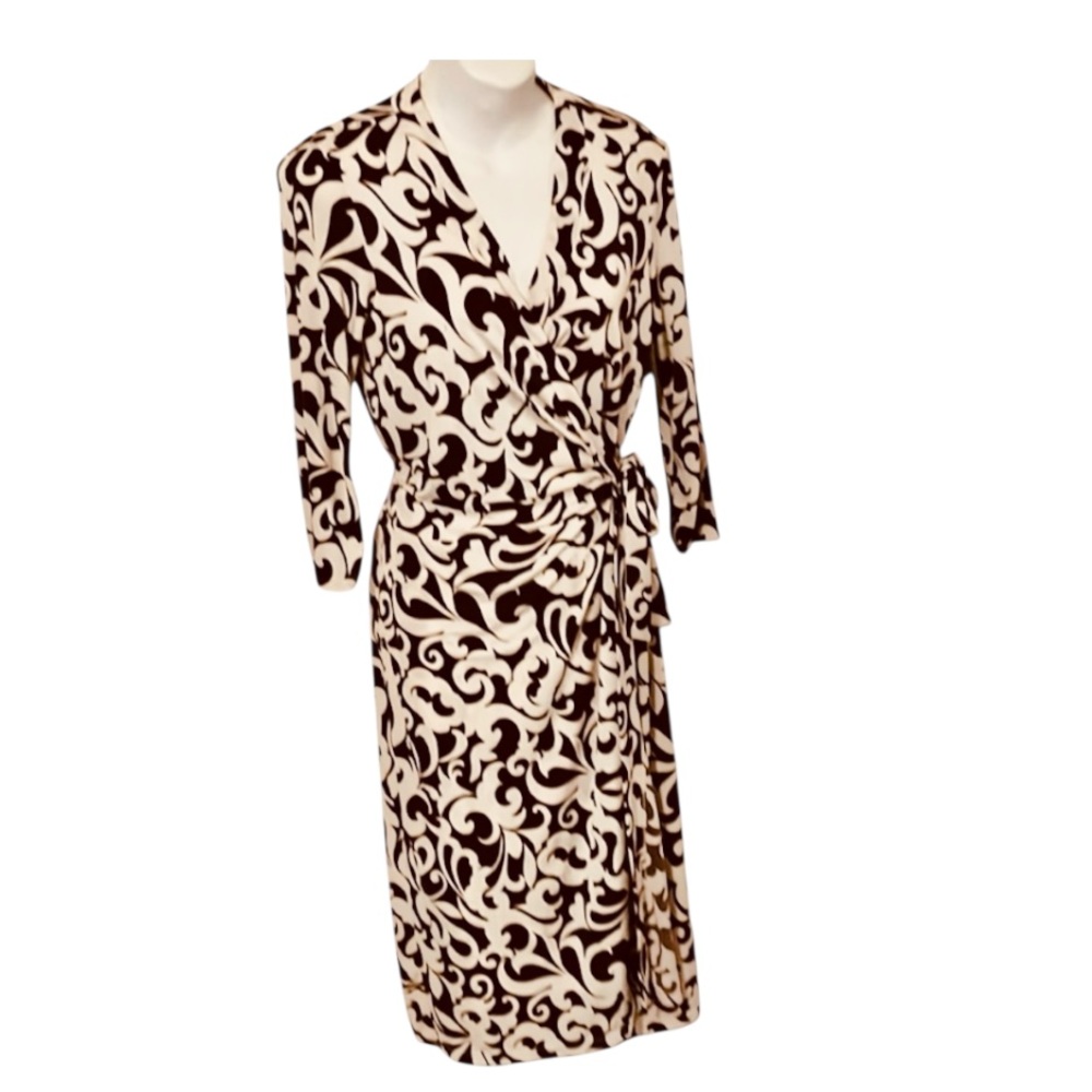 Bisou Bisou Michele Bohbot Paisley Brown & Cream Wrap Dress Sz 6